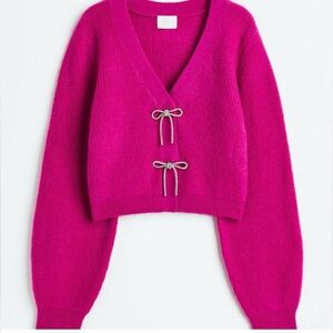 H&M Rhinestone Bow Rib Knit Cardigan